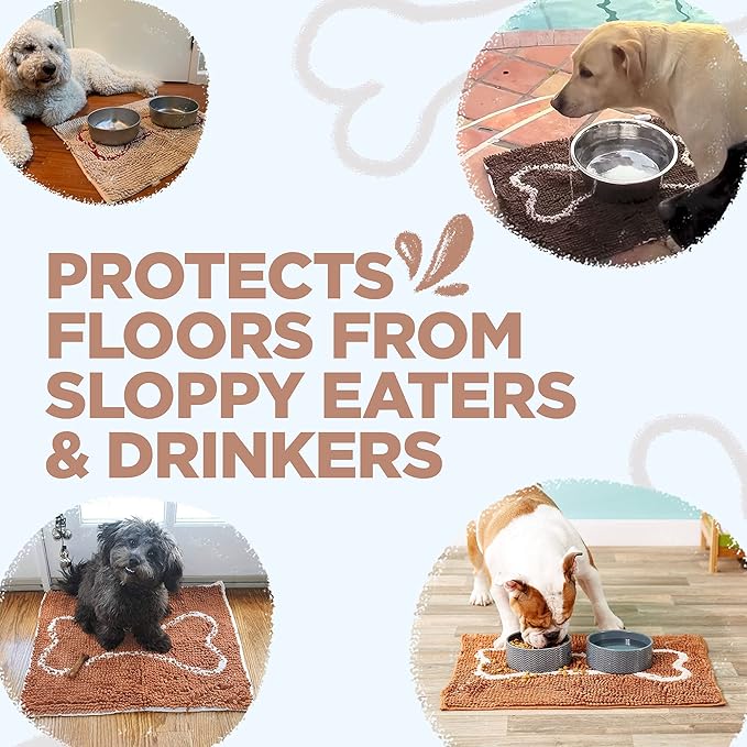 Soggy Doggy Slopmat Dog Food Mat – Absorbent Microfiber Chenille Pet Feeding Mat for Food & Water Bowls, Muddy Paws Small Doormat, Non-Slip, Machine Washable Rug – Beige/Red Bone, 18” x 24”