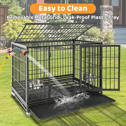 Homey Pet Two Tiers 47 Inch Heavy Duty Indestructible Dog Crate, Stackable Escape Proof Dog Cage Kennel Indoor with Two Removable Trays, Metal Grids, Wheels, Bowls, Double Doors for Large Dogs(6 Pack)