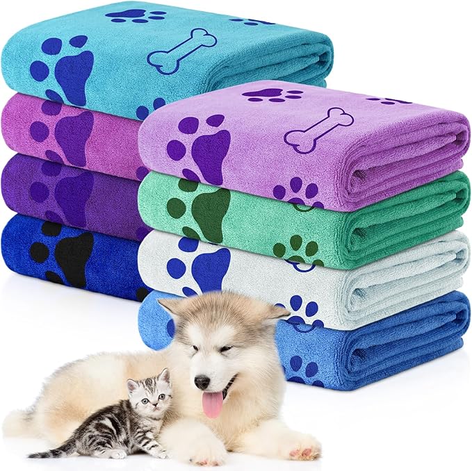 Chumia 8 Pcs Dog Towels for Drying Dogs Cats Pet Towels Bulk Puppy Microfiber Fast Drying Paw Bath Bathing Supplies Absorbent for Medium Pets(40 x 24 Inch,Dog Paw and Bone,Classic Color)