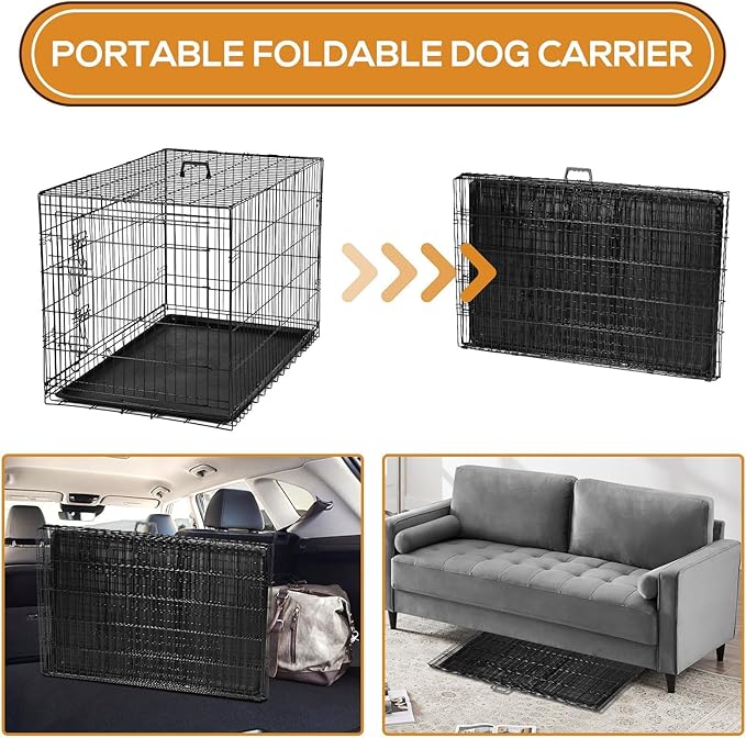 Dog Crate, 48 Inch Extra Large Double Door Portable Dog Cage, Metal Wire Pet Kennel with Secure Lock, Leak-Proof Pan Tray, Foldable Design for Dogs Pets Indoor Training and Outdoor Trave
