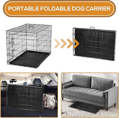 Dog Crate, 48 Inch Extra Large Double Door Portable Dog Cage, Metal Wire Pet Kennel with Secure Lock, Leak-Proof Pan Tray, Foldable Design for Dogs Pets Indoor Training and Outdoor Trave
