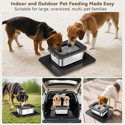 10L No Spill Dog Water Bowl, 2.6 Gal Stainless Steel No Splash Large Dog Water Bowl with Non-Slip Silicone Mat, Spill Proof Slow Drinking Pet Bowls for Messy Drinkers Indoor/Outdoor Use Black