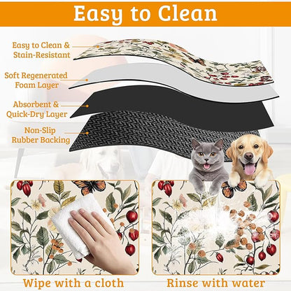 Butterfly Flower Dog Food Mat,Vintage Berry Absorbent Pet Feeding Mat for Food and Water Bowl,Quick Dry Dog Placemat Non Slip Rubber Backing Waterproof Pet Supplies 12" x 20"