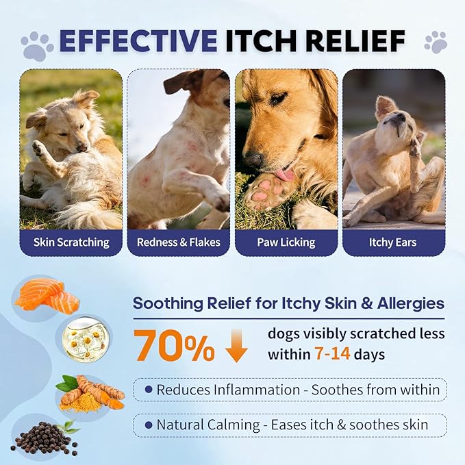 Allergy Relief Chews for Dogs Omega-3 Fish Oil Chewable Supplement for Itchy Skin and Hot Spots Allergies Relief, Paw Licking, Dry Skin & Coat Supplement Itching Relief Bites - 120 Ct