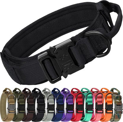 Joytale Tactical Dog Collar with Handle and Metal Buckle, Heavy Duty Padded Military Collar with 2 Patches for Training, Adjustable for XLarge Dogs, Black, XL
