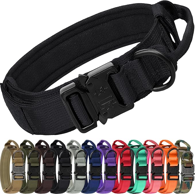 Joytale Tactical Dog Collar with Handle and Metal Buckle, Heavy Duty Padded Military Collar with 2 Patches for Training, Adjustable for Medium Dogs, Black, M