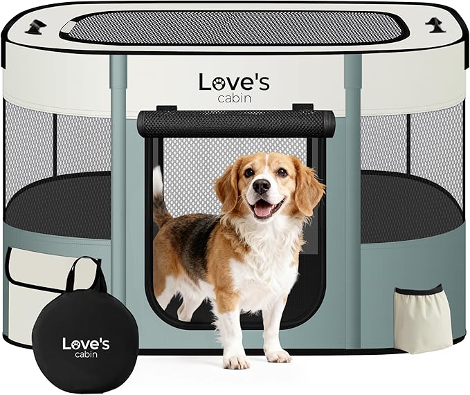 Love's cabin Pet Puppy Dog Playpen, Large Dog Tent Crates Cage Indoor/Outdoor, Portable Exercise Playpen for Cat, Foldable Pop Up Dog Kennel Playpen with Carring Case (L, Gray Green)