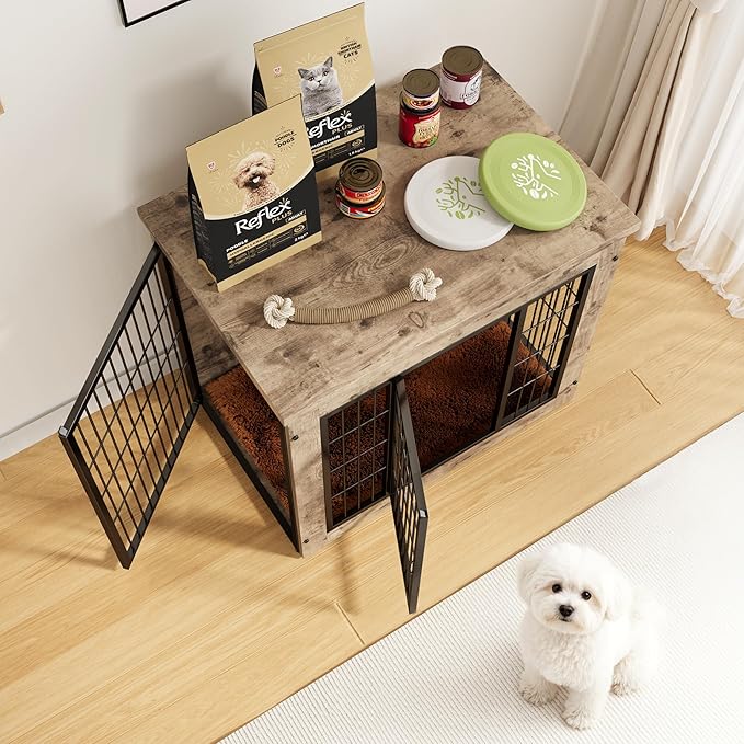 Greesum Modern Dog Crate Furniture That Doubles as a Side Table - Sturdy Wooden Kennel with Double Door Design, Equipped with Soft Cushion & Chew-Resistant Resign, Suitable for Dogs