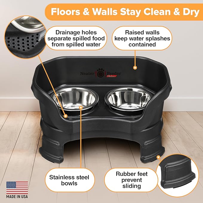 Neater Feeder Deluxe Mess-Proof Elevated Dog Bowls for Small Dogs (Up to 19 lbs), 2 Height Adjustable (6” & 7.5”) No-Spill Raised Dog Bowl Stand, Stainless Steel Food Bowl Set, Made in USA, Black