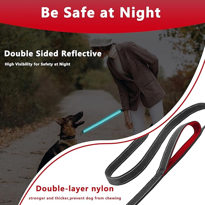 Dog Leash 5ft Long, Double Handle Dog Leash for Safety Control Training, Heavy Duty Dog Leads with Traffic Padded Handles, Reflective Leashes for Small Medium Large Dogs(5ft, Black Red)