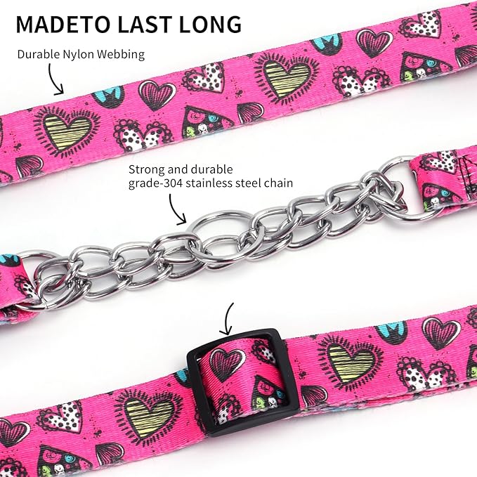 Martingale Dog Collar with Stainless Steel Chain - Limited Chain Cinch Training Collar for No Pull Training Dog - Flower Multicolor Cute Patterns - Premium No Slip Collar (HA12NO7, L)