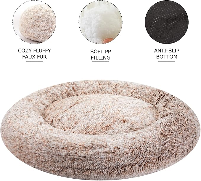 Bedfolks Calming Donut Dog Bed, 23 Inches Round Fluffy Dog Beds for Small Dogs, Machine Washable Anti-Anxiety Plush Puppy Bed（Brown, Small）