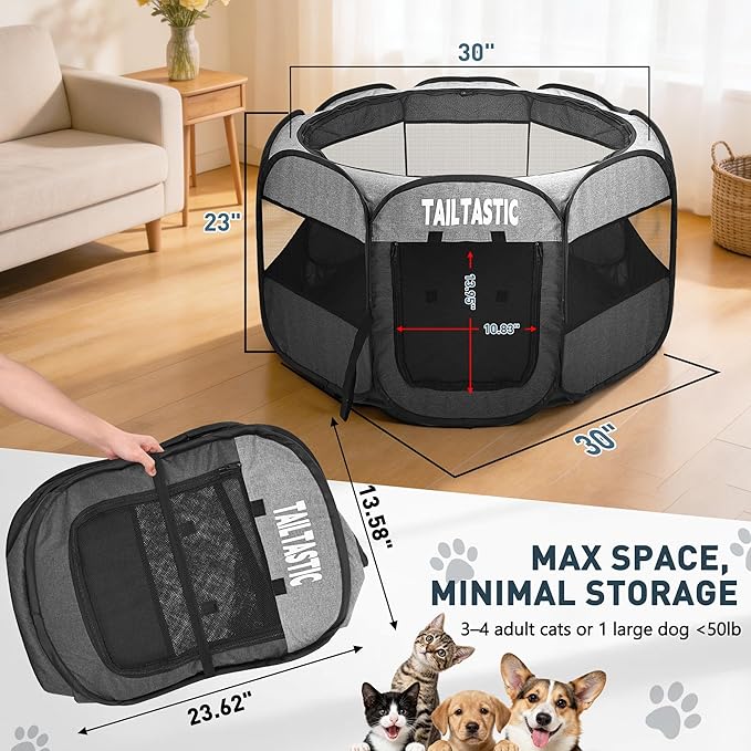 Portable Pet Playpen for Medium Dogs & Cats, Foldable Puppy Safety Pen with Removable Zipper Top, Breathable Mesh Dog Delivery Room, Indoor Isolation Cage for Pets (Light Grey, Medium)