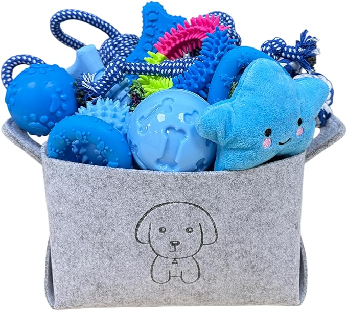 MRSOHRET Upgraded 21Pcs Puppy Chew Toys - Blue Puppy Chew Toys Bundle for Teething, Puppies Teething Toys with Durable Rope Rubber Ball, Pet Interactive Toys for Small Medium Dogs with Basket