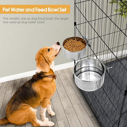 2 Pcs Large Pet Dog Food Water Bowl for Cage Stainless Steel Non-Spill Kennel Hanging Cats Bowls with Clamp Holder Crate Feeder Dish for Medium Large Dogs Huge Pets (7.1x2.5'' & 6.3x2.4'')