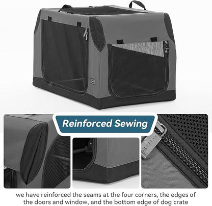 PETSFIT Collapsible Dog Crate, Portable Dog Crate - 24 Inch Sturdy Adjustable Structure, Easy to Set Up, Portable Dog Crate for Car, Light Tough with 3 Mesh Doors Grey