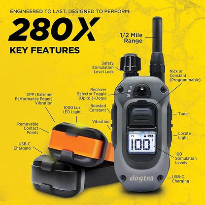 Dogtra 280X 2-Dogs E-Collar with Remote [New Edition] 10 lbs+, 1/2 Mile Range, LED Light, 100 Levels of Control for Stubborn Dogs, Waterproof, Boost for Quick Recall, Vibration, Safety Lock & Tone