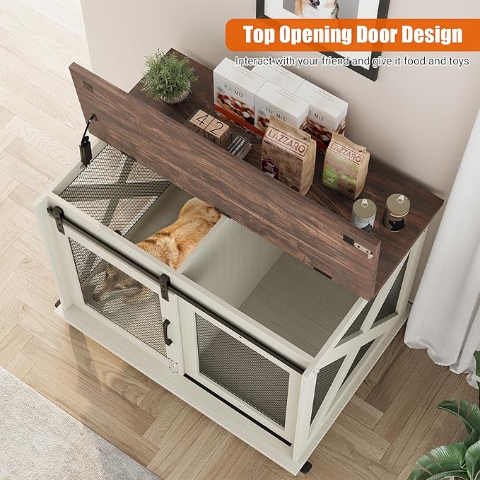 TROPOW Dog Crate Furniture,37 Inch Dog Kennel Furniture, Sliding Barn Door, Flip Top Dog Crate End Table with Removable Divider, Farmhouse Dog Cage for Small to Middle Size Dogs