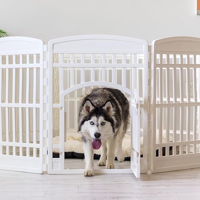 IRIS USA Dog Playpen with Door, 34” 8 Panel Pet Exercise Pen – Indoor Outdoor Puppy Play Pen, Portable Plastic Pet Fence for Small Medium Dogs, Foldable 63” x 63” x 34”, White