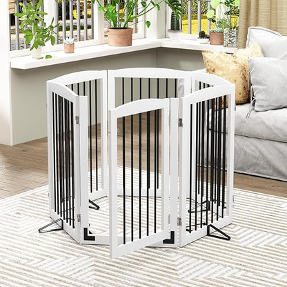 PUPETPO Freestanding Pet Gate with Door, Tall Dog Gate for House, Extra Wide, Pet Puppy Safety Fence, Support Feet Included, 120 Inch Wide, 6 Panels 32" Tall, White & Black