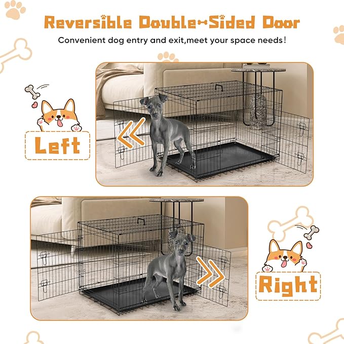 DUMOS Dog Crate, 36 Inch Medium Double Door Dog Cage with Plastic Leak-Proof Pan Tray, Folding Metal Wire Pet Kennel for Indoor, Outdoor, Travel