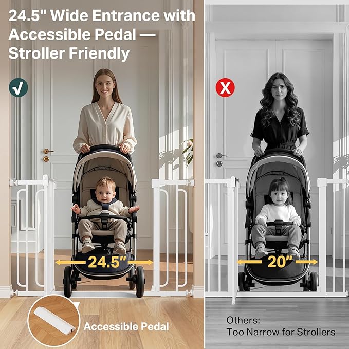 Cumbor 36.6-59" Extra Wide Baby Gate for Stairs, Pressure Mounted Dog Gate for Doorways, Auto-Close Easy Walk Through Safety Child Gate for Kids Toddler, Tall Pet Gates Indoor, White
