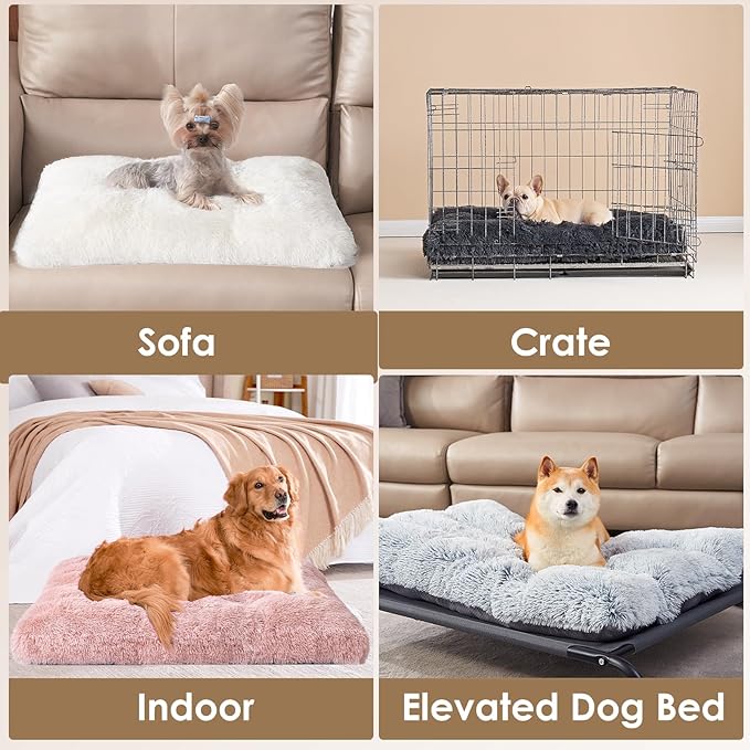 EHEYCIGA Fluffy Dog Bed, Plush Faux Fur Crate Pad, Calming Anti Anxiety Small Dog Bed, Washable Soft Warm Crate Mat with Non-Slip Bottom, Pink