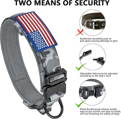 DAGANXI Tactical Dog Collar, Adjustable Military Training Nylon Dog Collar with Control Handle and Heavy Metal Buckle for Medium and Large Dogs, with Patches and Airtags Case (XXL, Camo)