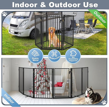 Metal Freestanding Dog Gates with Door for Outdoor Indoor,120'' Extra Wide 32'' Tall Free Standing Dog Gate for Doorways,Large Openings,Deck,Yard,Porch,Foldable Pet Fence(Black,6 Panels)