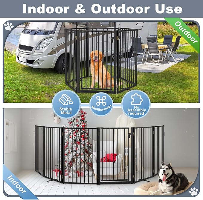Metal Freestanding Dog Gates with Door for Outdoor Indoor,120'' Extra Wide 24'' Tall Free Standing Dog Gate for Doorways,Large Openings,Deck,Yard,Porch,Foldable Safety Pet Fence(Black,6 Panels)