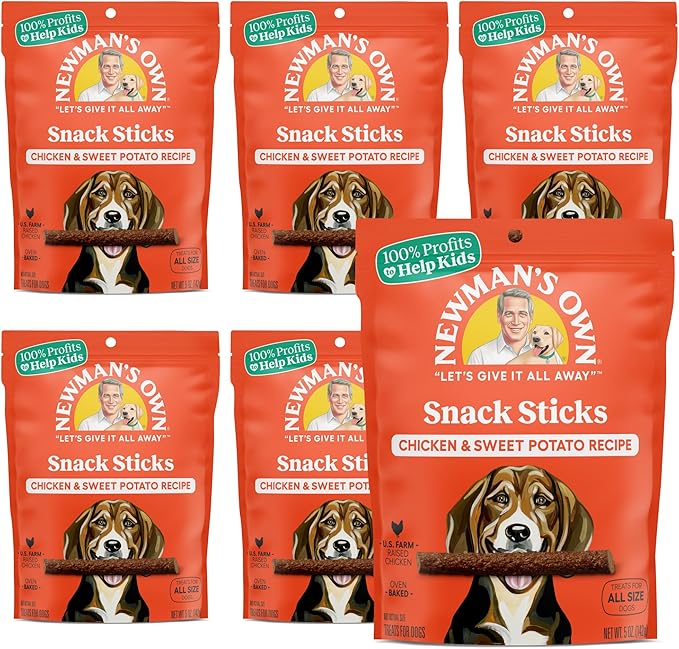 Newman's Own Chicken & Sweet Potato Dog Snack Sticks, 5 oz Bag (Pack of 8) — Soft Chewy Meat Sticks, US Farm-Raised Chicken, No Corn Wheat or Soy, Wholesome Training Rewards, Made in USA