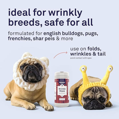 Petpost Large Wrinkle Wipes for Dogs | 60 Count 5x7 Dog Face & Wrinkle Cleaner | Gentle Pet Wipes with Coconut Oil & Aloe for Bulldogs, Pugs & Wrinkly Breeds | Dog Cleaning Wipes