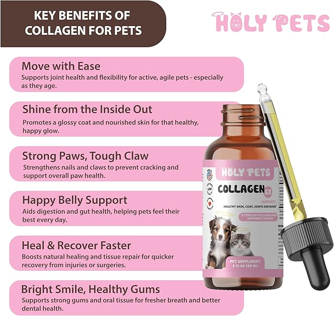 Grass-Fed Liquid Collagen for Dogs & Cats – 5 Types I, II, III, V, X – Joint, Skin & Coat Support – Hyaluronic Acid – Hydrolyzed Bovine, Fish & Chicken Collagen – 2oz, 30 Servings