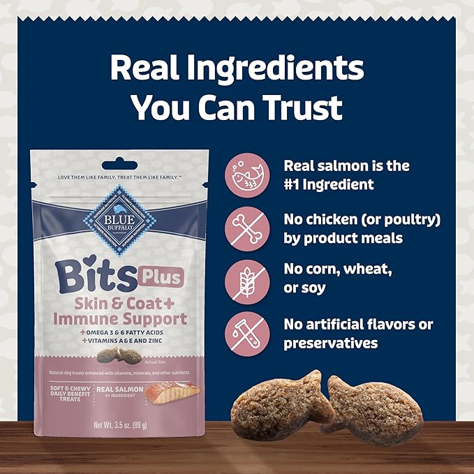 Blue Buffalo Blue Bits Plus Skin & Coat and Immune Support Daily Benefit Dog Treats, Soft & Chewy Salmon Morsels, 3.5-oz. Bag