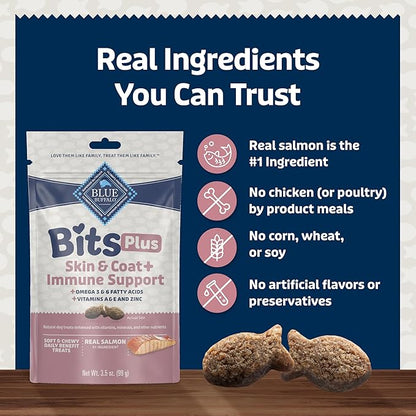 Blue Buffalo Blue Bits Plus Skin & Coat and Immune Support Daily Benefit Dog Treats, Soft & Chewy Salmon Morsels, 3.5-oz. Bag