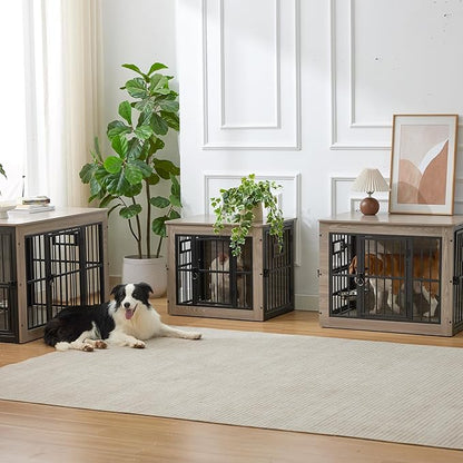 27 Inch Heavy Duty Dog Crate Furniture for Puppy/Small Dogs, Decorative Pet House End Table with 3 Doors, Wooden Cage Kennel Furniture Indoor, Rustic Grey - Without Bowls