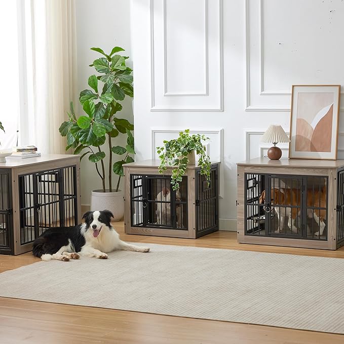 38 Inch Heavy Duty Dog Crate Furniture for Medium Dogs, Decorative Pet House End Table with 3 Doors & Adjustable Bowls, Wooden Cage Kennel Furniture Indoor, Rustic Grey