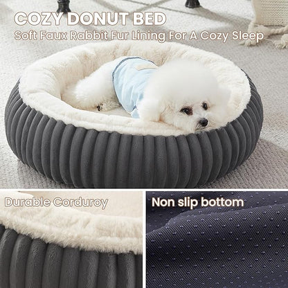 23 inches Donut Dog Bed for Small Dogs - Calming Round Puppy Bed with Removable Cover, Washable Milk Plush Faux Fur Pet Bed for Cats, Fits Pets up to 15 lbs(Charcoal,Small)