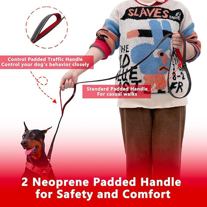 Dog Leash 6.5ft Long, Double Handle Dog Leash for Safety Control Training, Heavy Duty Dog Leads with Traffic Padded Handles, Reflective Leashes for Small Medium Large Dogs(6.5ft, Black Red)