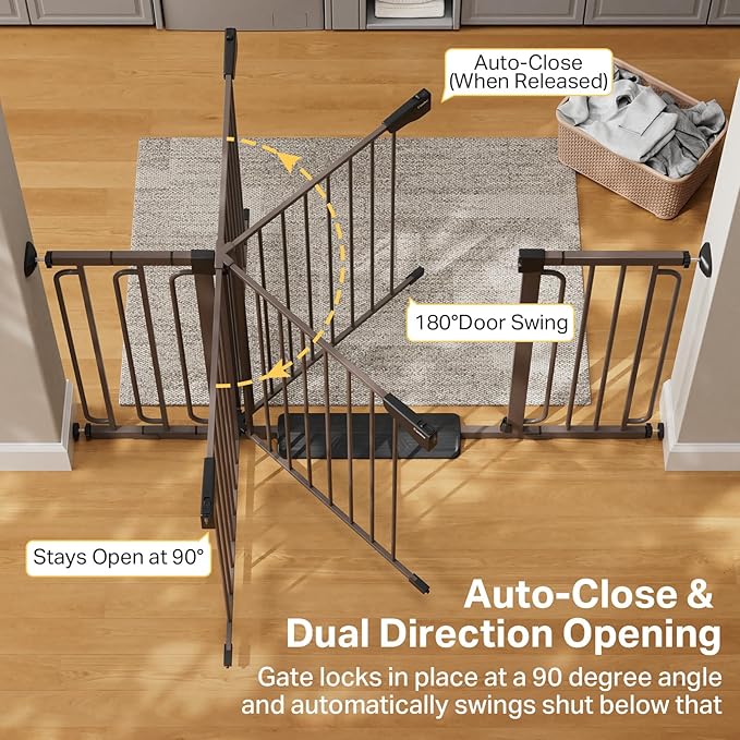 Cumbor 36.6-59" Extra Wide Baby Gate for Stairs, Pressure Mounted Dog Gate for Doorways, Auto-Close Easy Walk Through Safety Child Gate for Kids Toddler, Tall Pet Gates Indoor, Brown