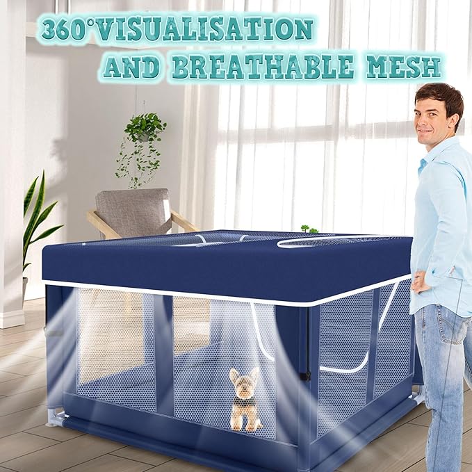 XVISHX 42x42 Inch Puppy Playpen with Cover, Dog Playpen for Puppies or Small Dogs, Pet Fence for Indoor & Outdoor, Sturdy Safety DogPen with Thickened Fabric, High-Strength Nylon Wire Mesh, Blue