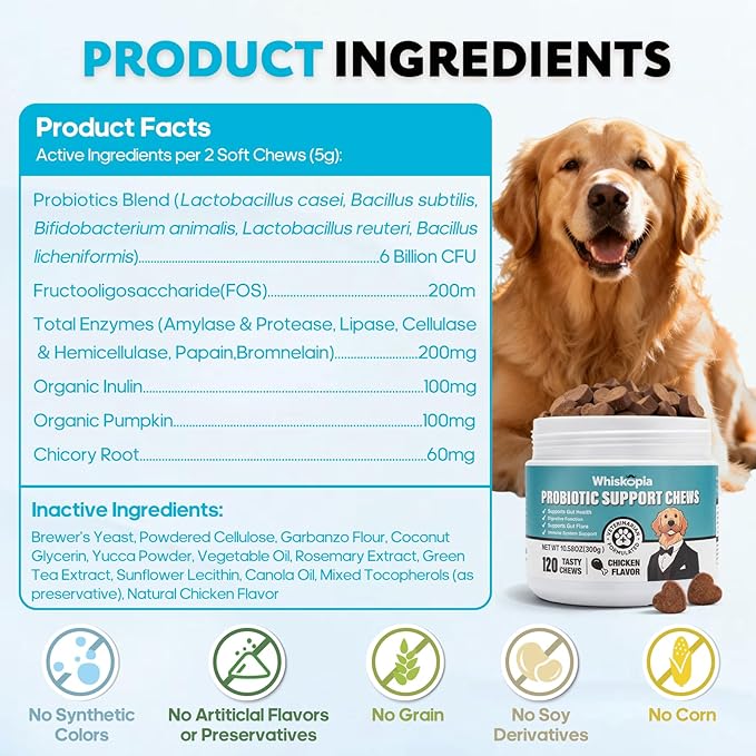 Probiotics for Dogs, Digestive Enzymes Promotes Gut Health, Dog Probiotics Chews for Bowel Support, Digestion Health, Immune Support, Reduce Diarrhea, Prebiotics Dog Probiotics - 120 Ct