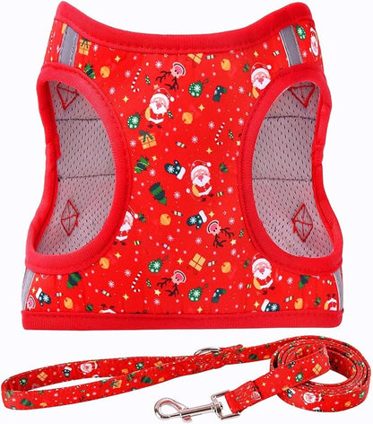 Moonpet Step in Christmas Xmas Day Dog Harness Leash Set - All Weather Reflective No - Pull Floral Pattern Padded Mesh Vest Harness for Cats Puppy Extra-Small Small Medium Large Dogs - L