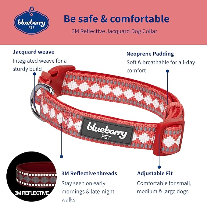 Blueberry Pet 3 Colors 3M Reflective Jacquard Neoprene Padded Adjustable Dog Collar, Coral, Medium, Neck 14.5"-20"
