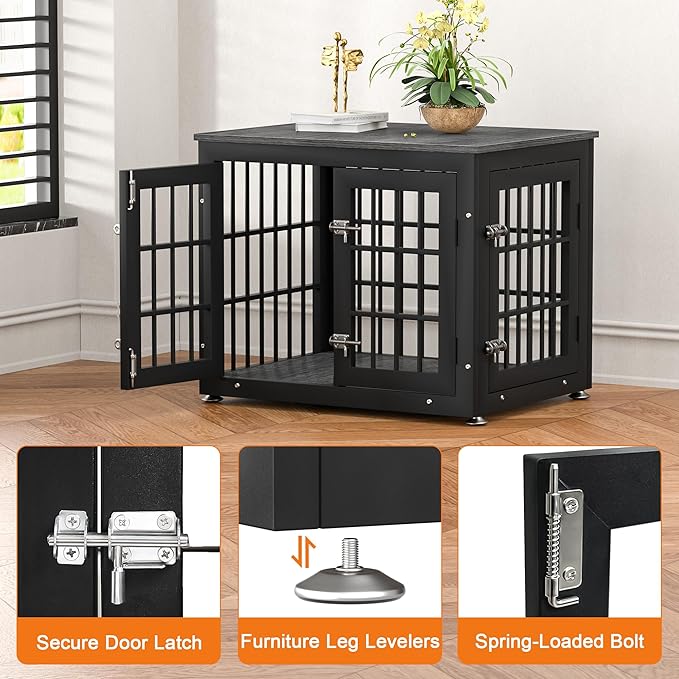 rehomerance 26 Inch Heavy Duty Dog Crate Furniture for Small Dogs, Decorative Pet House End Table, Wooden Cage Kennel Furniture Indoor, Gray