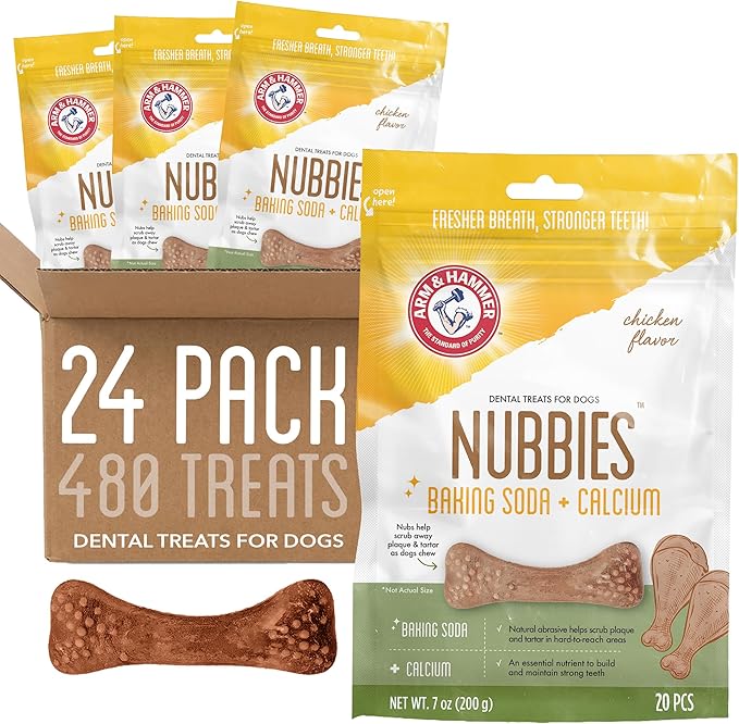 Arm & Hammer for Pets Nubbies Dental Treats - Baking Soda & Calcium Dog Dental Chews, Nubbed Texture Helps Scrub Plaque & Tartar While Chewing, Chicken Flavor, 20 Count, 7 Ounce - 24 Pack