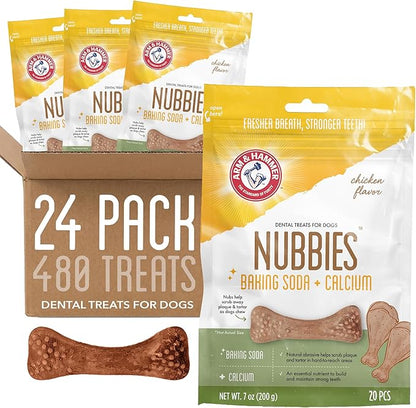 Arm & Hammer for Pets Nubbies Dental Treats - Baking Soda & Calcium Dog Dental Chews, Nubbed Texture Helps Scrub Plaque & Tartar While Chewing, Chicken Flavor, 20 Count, 7 Ounce - 24 Pack