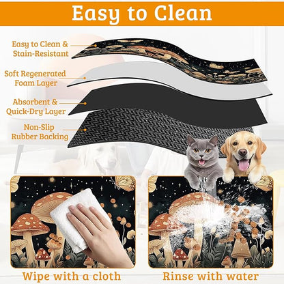 Fantasy Mushroom Dog Cat Food Mat,Butterfly Stars Absorbent Waterproof Placemat for Food and Water Non Slip Rubber Backing Durable Feeding Pad for Clean Floors 12" x 20"