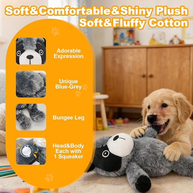 Blue Grey Racoon Plush Squeaky Dog Toy with Bungee Leg Puppy Teething Chew Toy Cute Soft Indoor Outdoor Interactive Stuffed Animal Dog Toy for Small Medium Large Dogs Toy Gift 30.5cm/12.01in