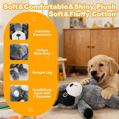 Blue Grey Racoon Plush Squeaky Dog Toy with Bungee Leg Puppy Teething Chew Toy Cute Soft Indoor Outdoor Interactive Stuffed Animal Dog Toy for Small Medium Large Dogs Toy Gift 30.5cm/12.01in